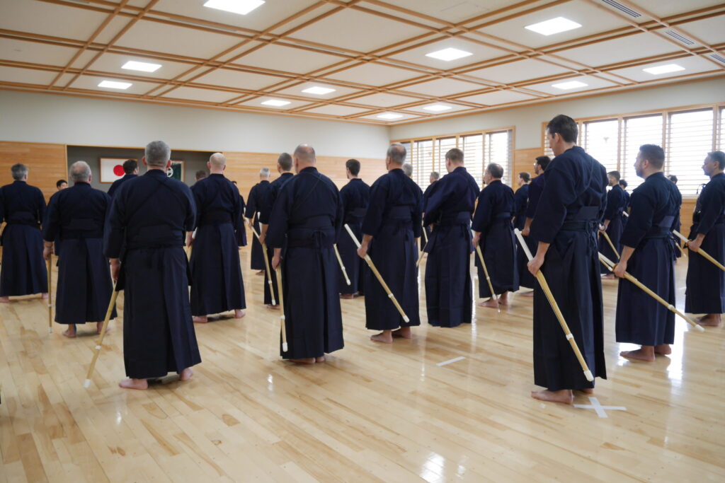Group kendo practice session in a Japanese dojo in Tokyo