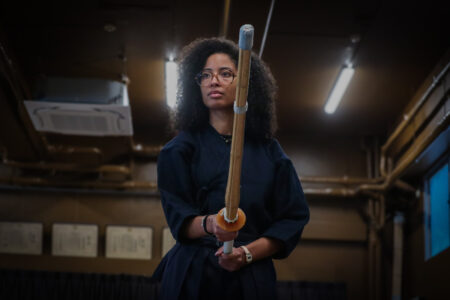 Participant showing strong concentration in kendo training in Tokyo