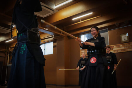 Learning basic kendo movements during training in Tokyo
